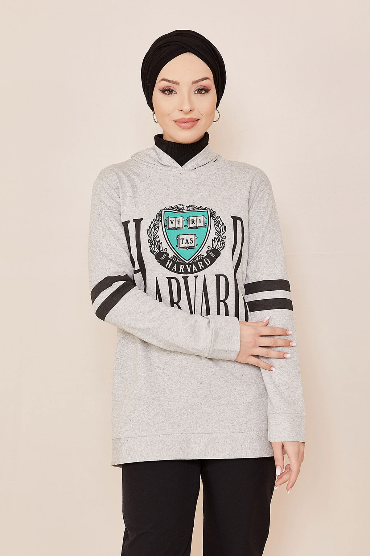 Düz Orta Kadın Gri Kapşonlu Sweat - 20859
