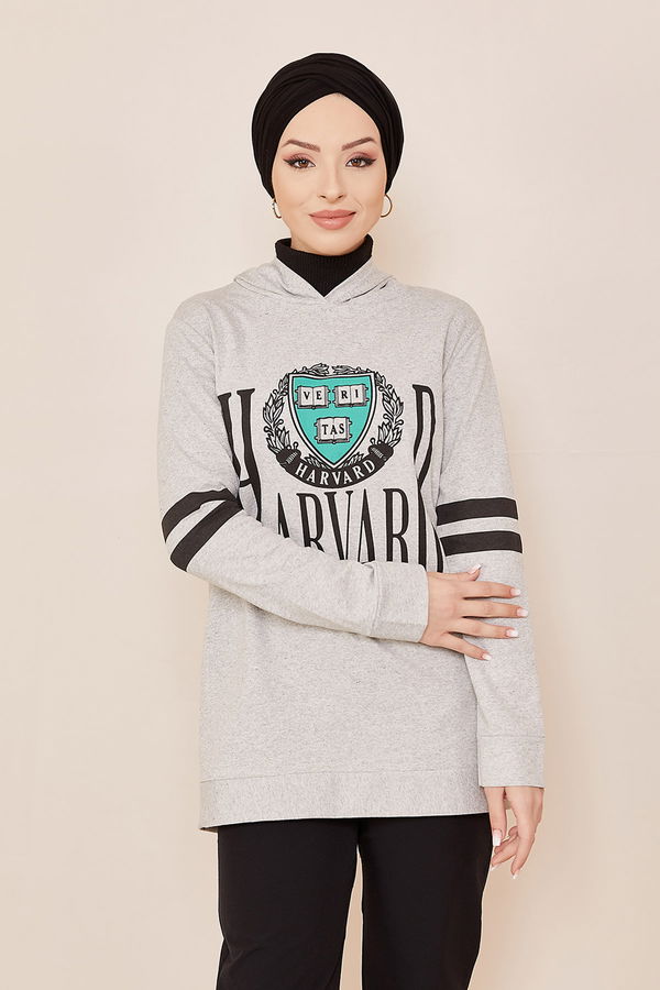 Düz Orta Kadın Gri Kapşonlu Sweat - 20859