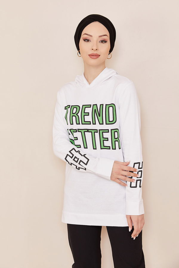 Düz Orta Kadın Beyaz Kapşonlu Sweat - 20858