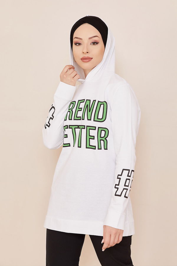 Düz Orta Kadın Beyaz Kapşonlu Sweat - 20858