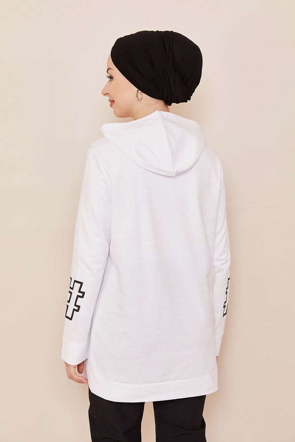 Düz Orta Kadın Beyaz Kapşonlu Sweat - 20858