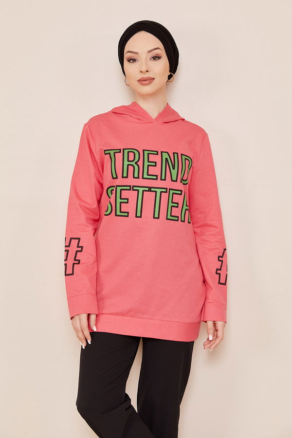 Düz Orta Kadın Fuşya Kapşonlu Sweat - 20858