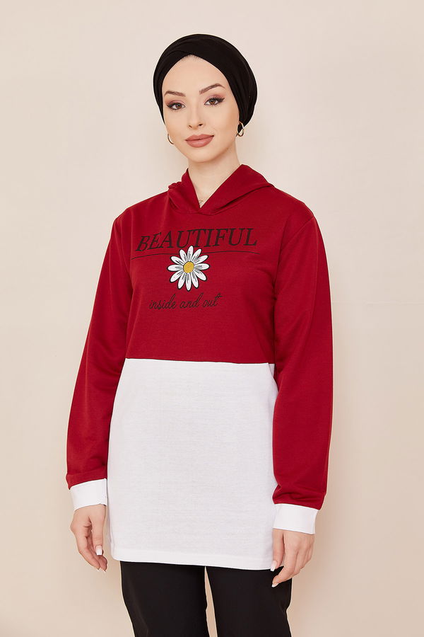 Düz Orta Kadın Bordo Kapşonlu Sweat - 20860