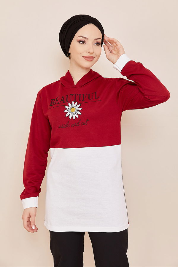 Düz Orta Kadın Bordo Kapşonlu Sweat - 20860