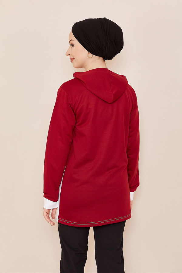 Düz Orta Kadın Bordo Kapşonlu Sweat - 20860