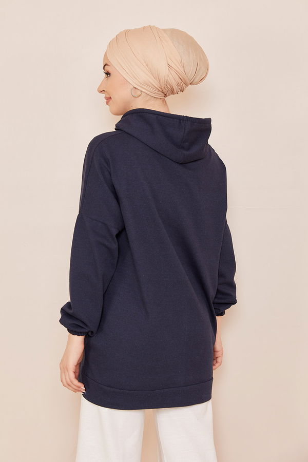 Düz Kapsonlu Yaka Kadın Lacivert Sweat - 3870 LACİVERT