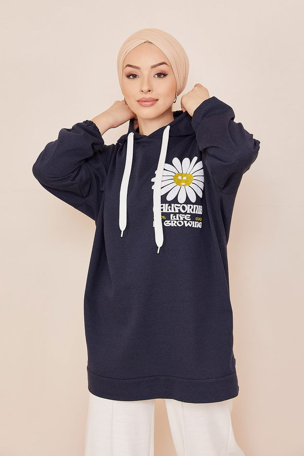 Düz Kapsonlu Yaka Kadın Lacivert Sweat - 3870 LACİVERT