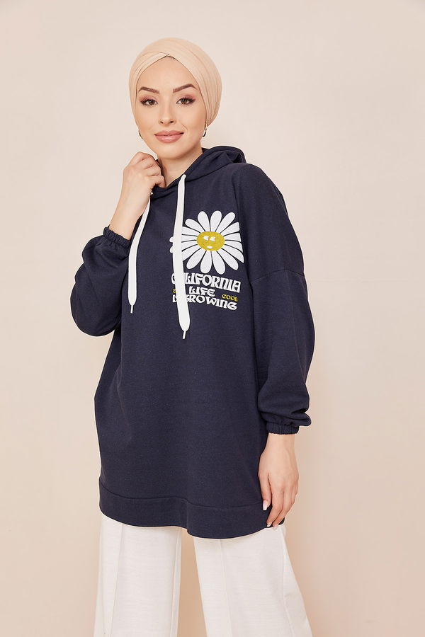 Düz Kapsonlu Yaka Kadın Lacivert Sweat - 3870 LACİVERT