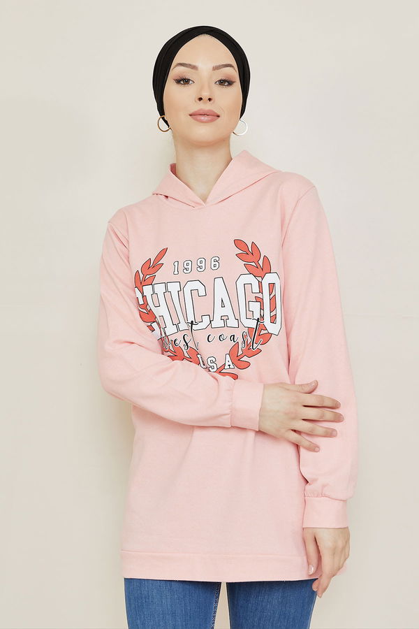 Düz Orta Kadın Pembe Baskılı Sweat - 8868