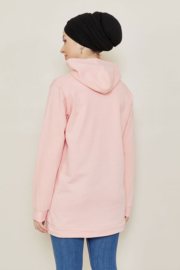 Düz Orta Kadın Pembe Baskılı Sweat - 8868