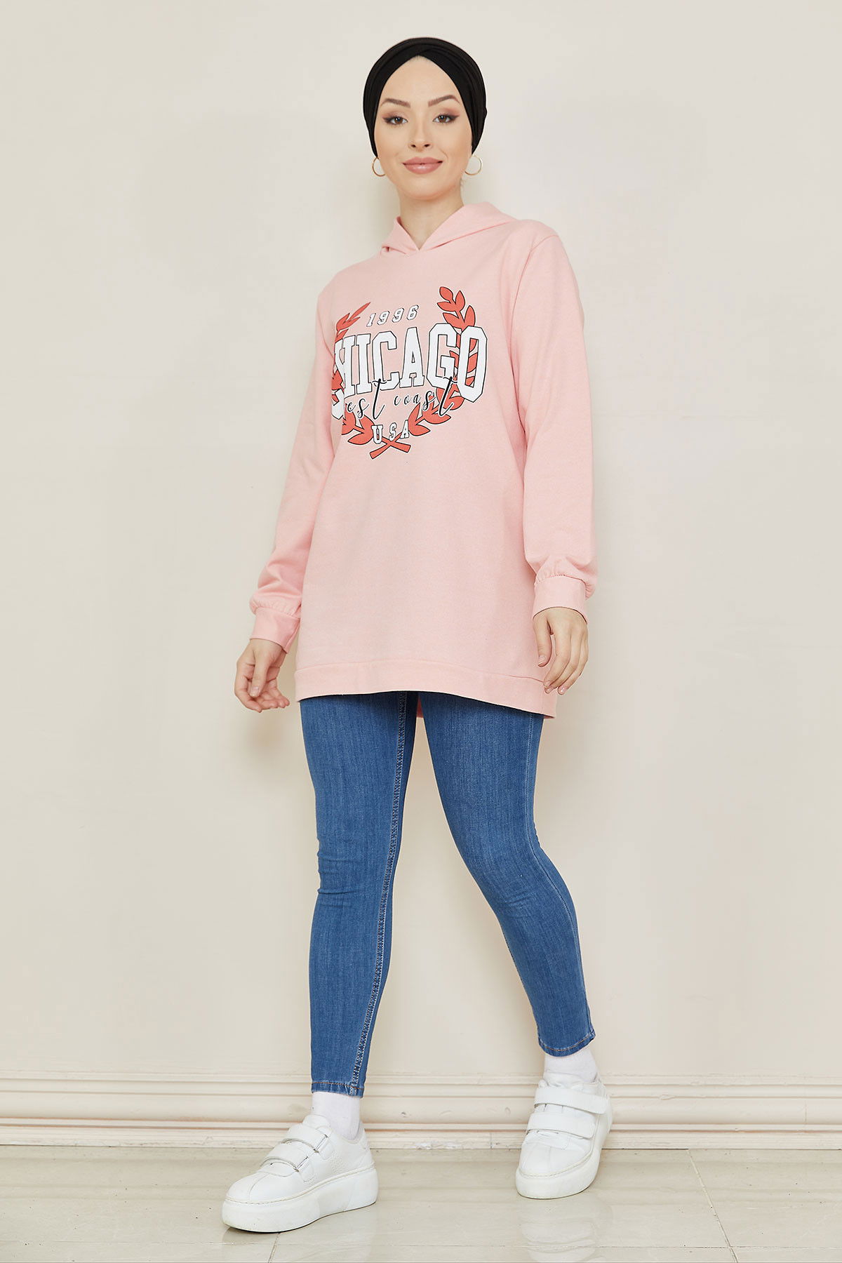 Düz Orta Kadın Pembe Baskılı Sweat - 8868