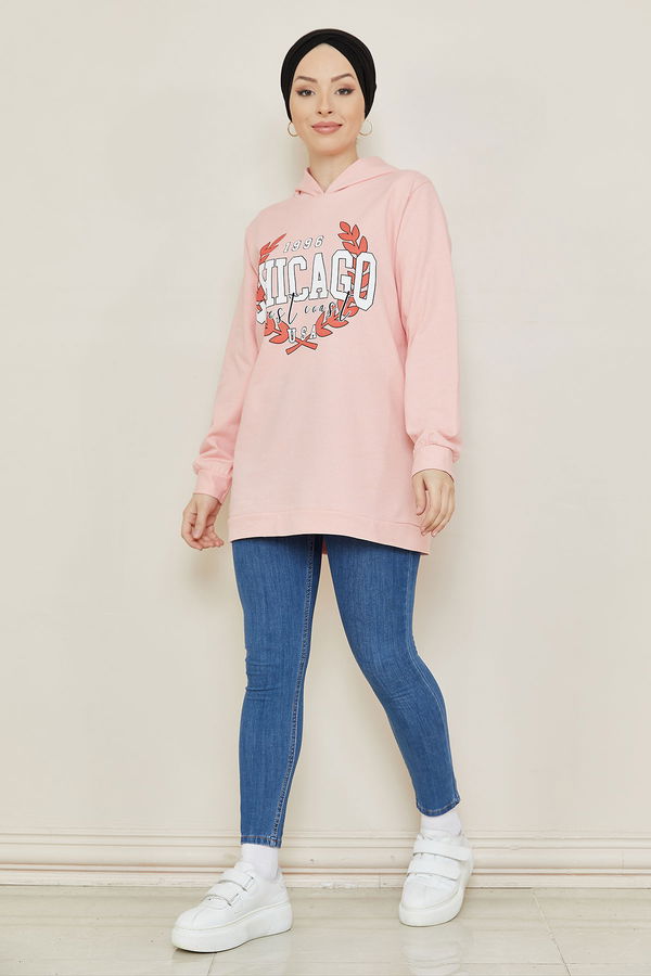 Düz Orta Kadın Pembe Baskılı Sweat - 8868