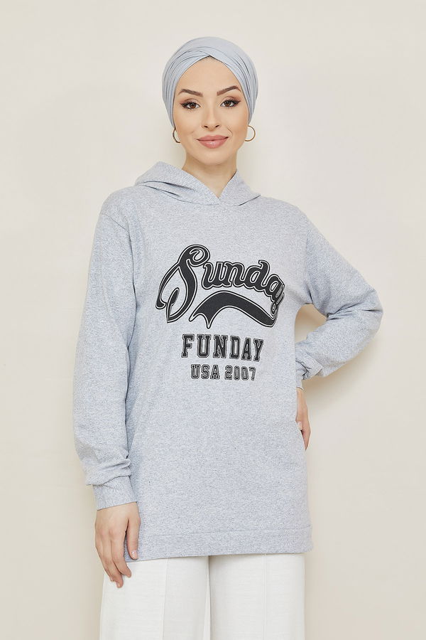 Düz Orta Kadın Gri Baskılı Sweat - 8864 GRİ