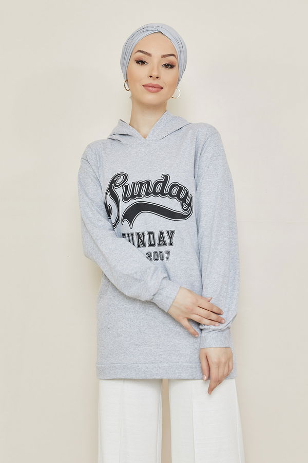 Düz Orta Kadın Gri Baskılı Sweat - 8864 GRİ