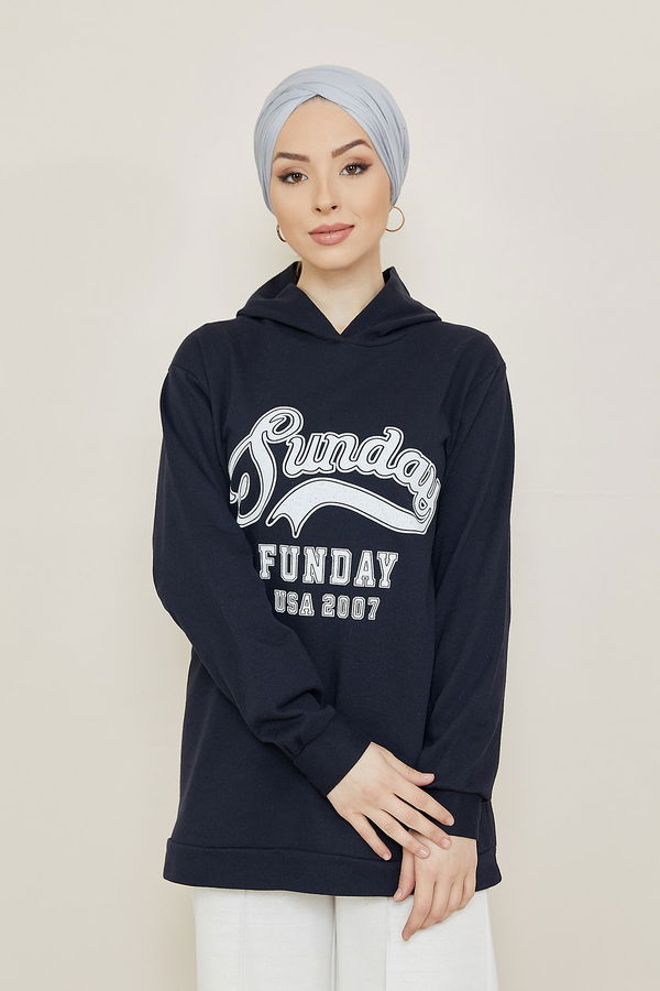 Düz Orta Kadın Lacivert Baskılı Sweat - 8864