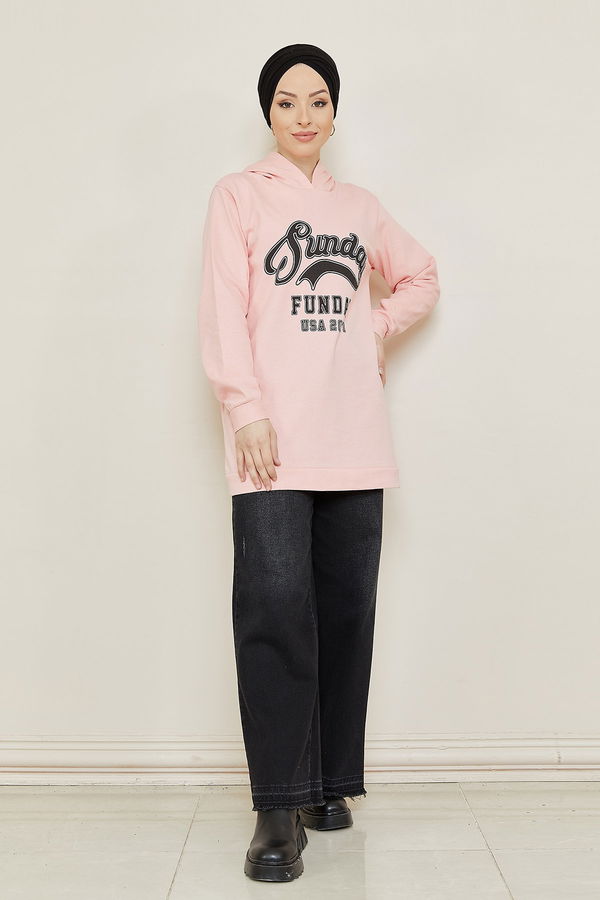 Düz Orta Kadın Pembe Baskılı Sweat - 8864
