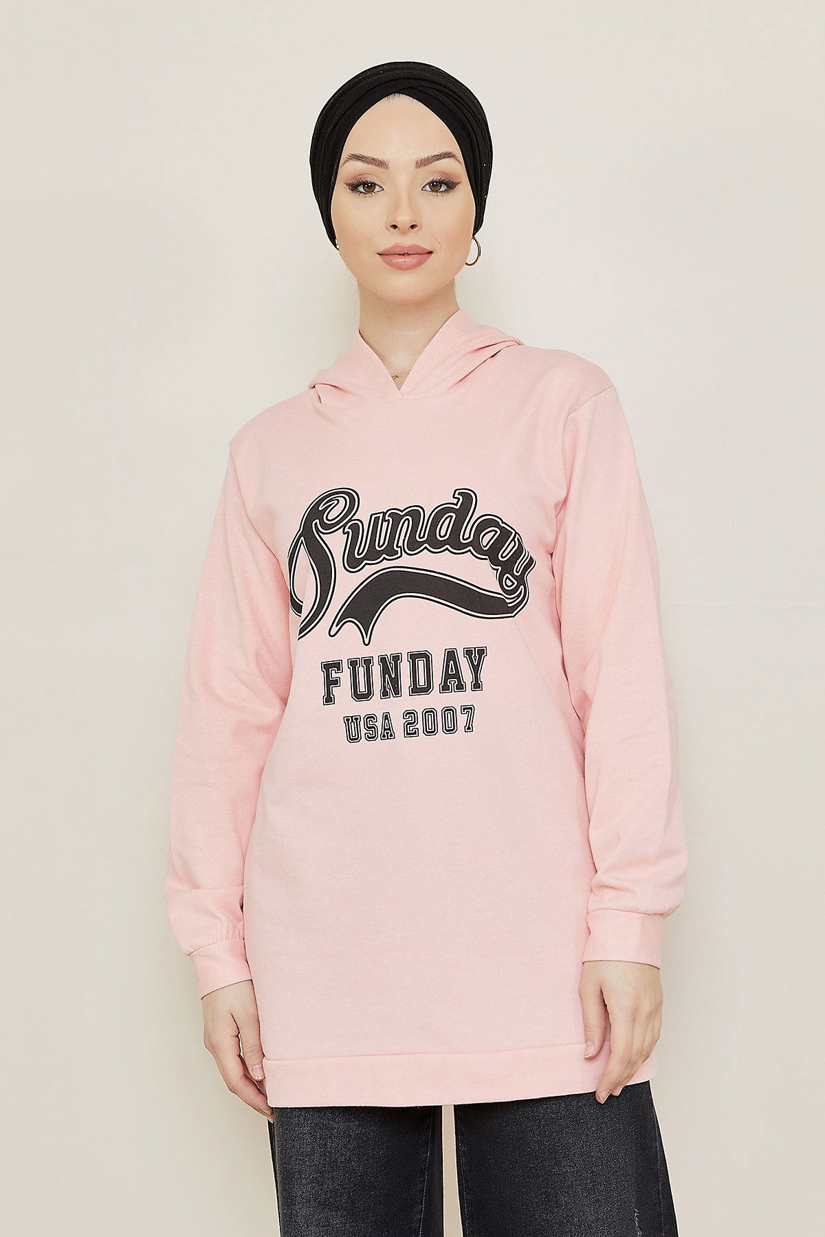 Düz Orta Kadın Pembe Baskılı Sweat - 8864