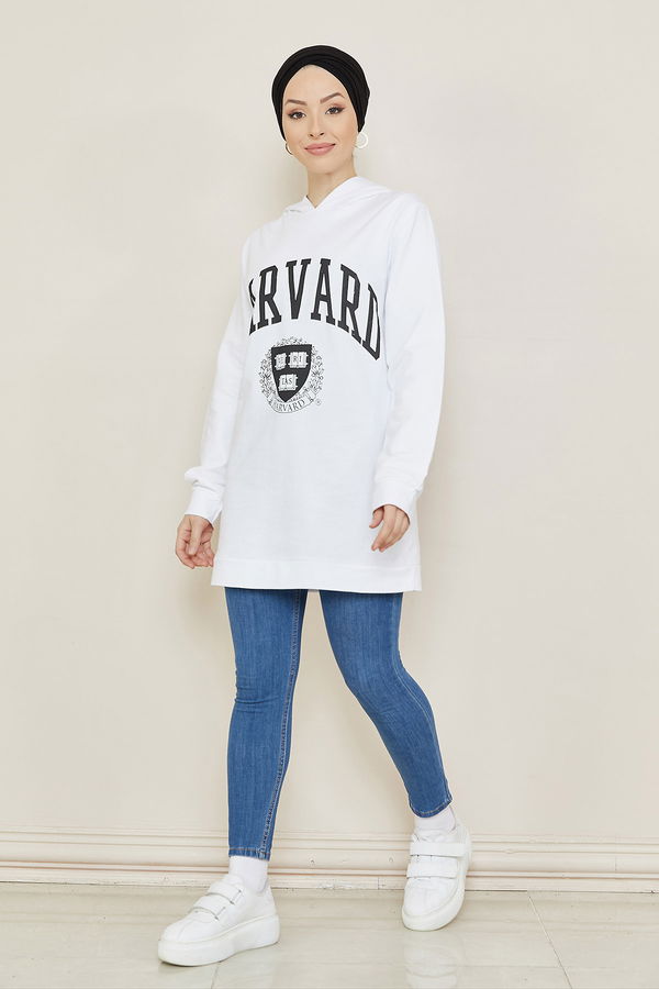 Düz Orta Kadın Beyaz Baskılı Sweat - 8865 BEYAZ