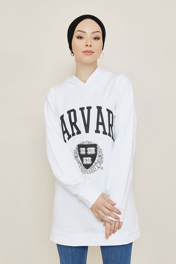 Düz Orta Kadın Beyaz Baskılı Sweat - 8865 BEYAZ