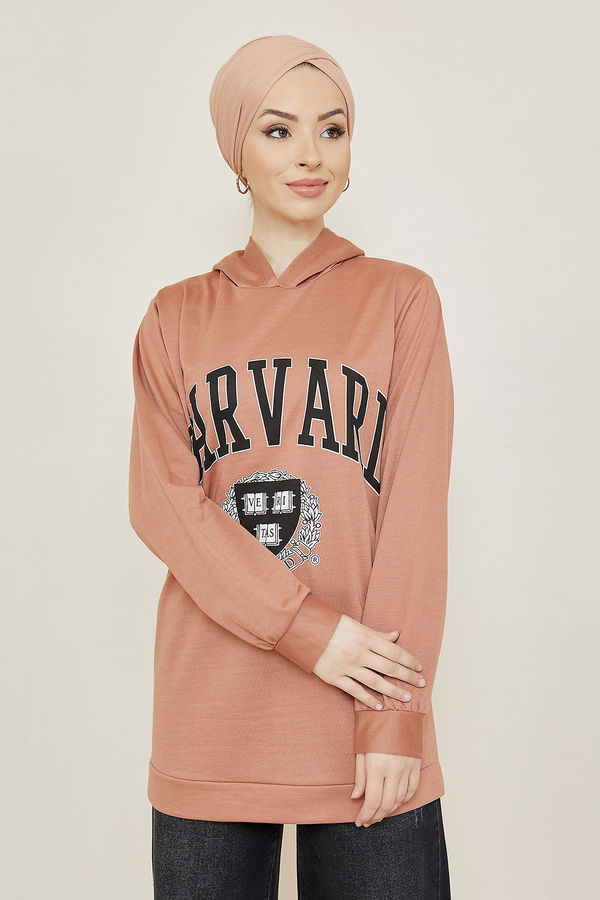 Düz Orta Kadın Kahverengi Baskılı Sweat - 8865 KAHVERENGİ