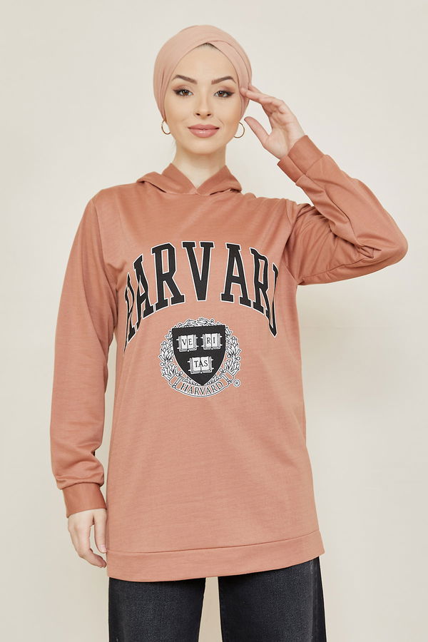 Düz Orta Kadın Kahverengi Baskılı Sweat - 8865 KAHVERENGİ