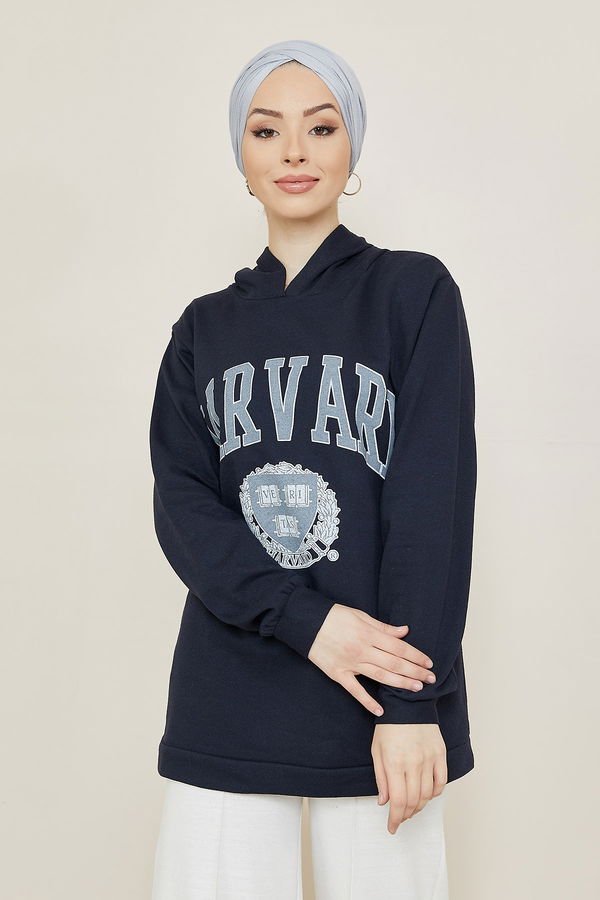 Düz Orta Kadın Lacivert Baskılı Sweat - 8865