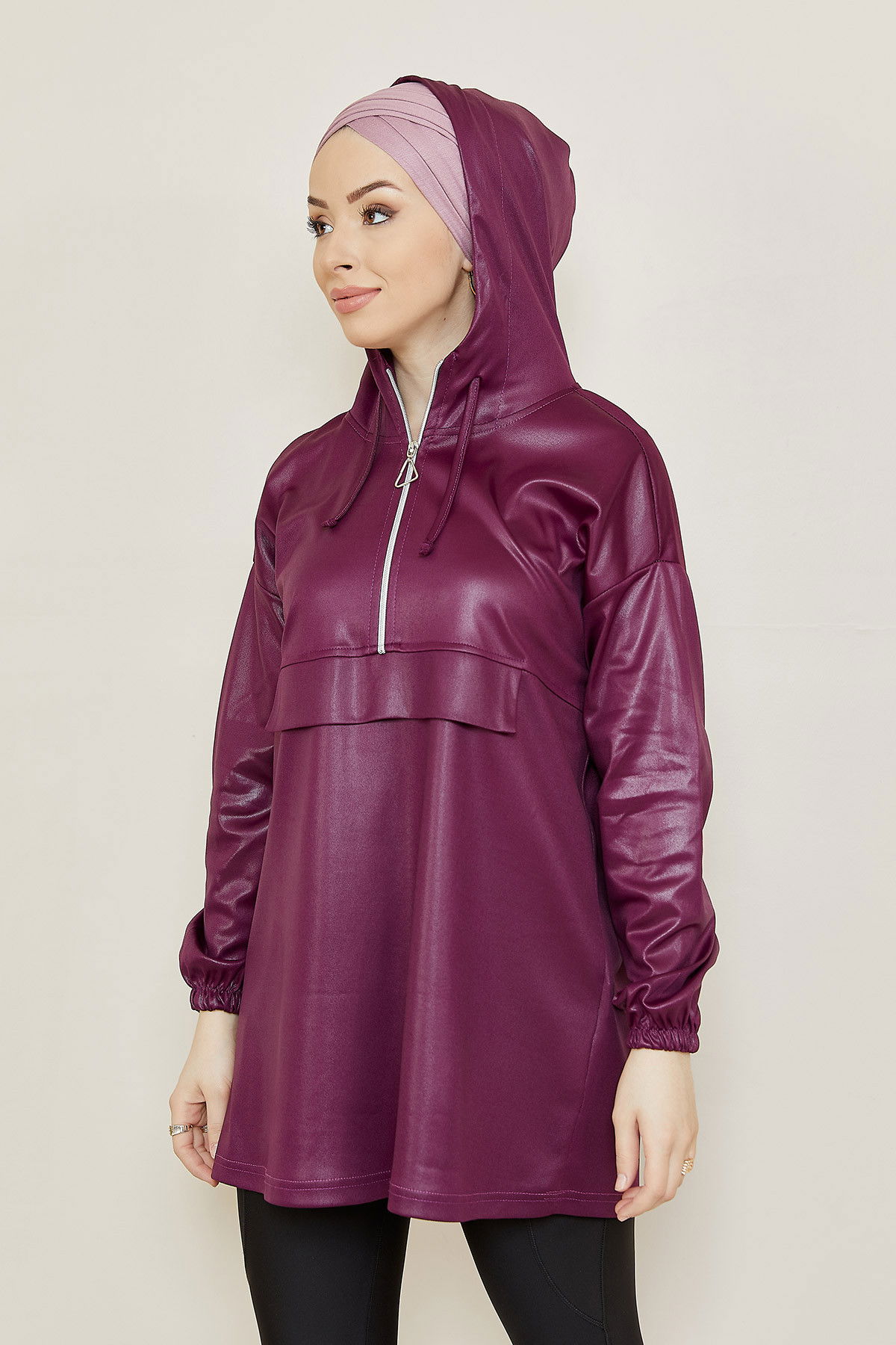 Düz Orta Kadın Mor Kapsonlu Tunık MOR - 3409 - 3409 MOR