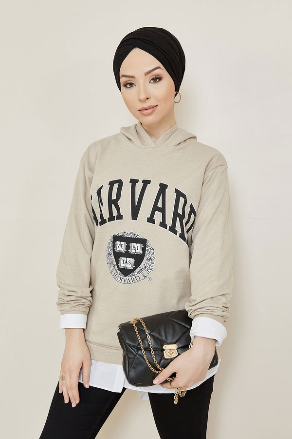 Düz Orta Kadın Vizon Baskılı Sweat - 8865 VİZON