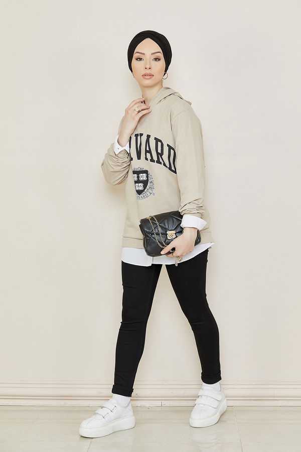 Düz Orta Kadın Vizon Baskılı Sweat - 8865 VİZON