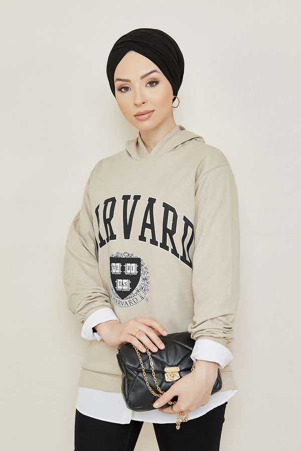 Düz Orta Kadın Vizon Baskılı Sweat - 8865 VİZON