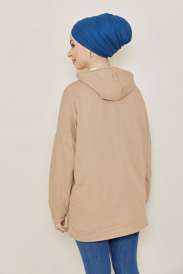 Düz Kapsonlu Yaka Kadın Bej Sweat - 3868