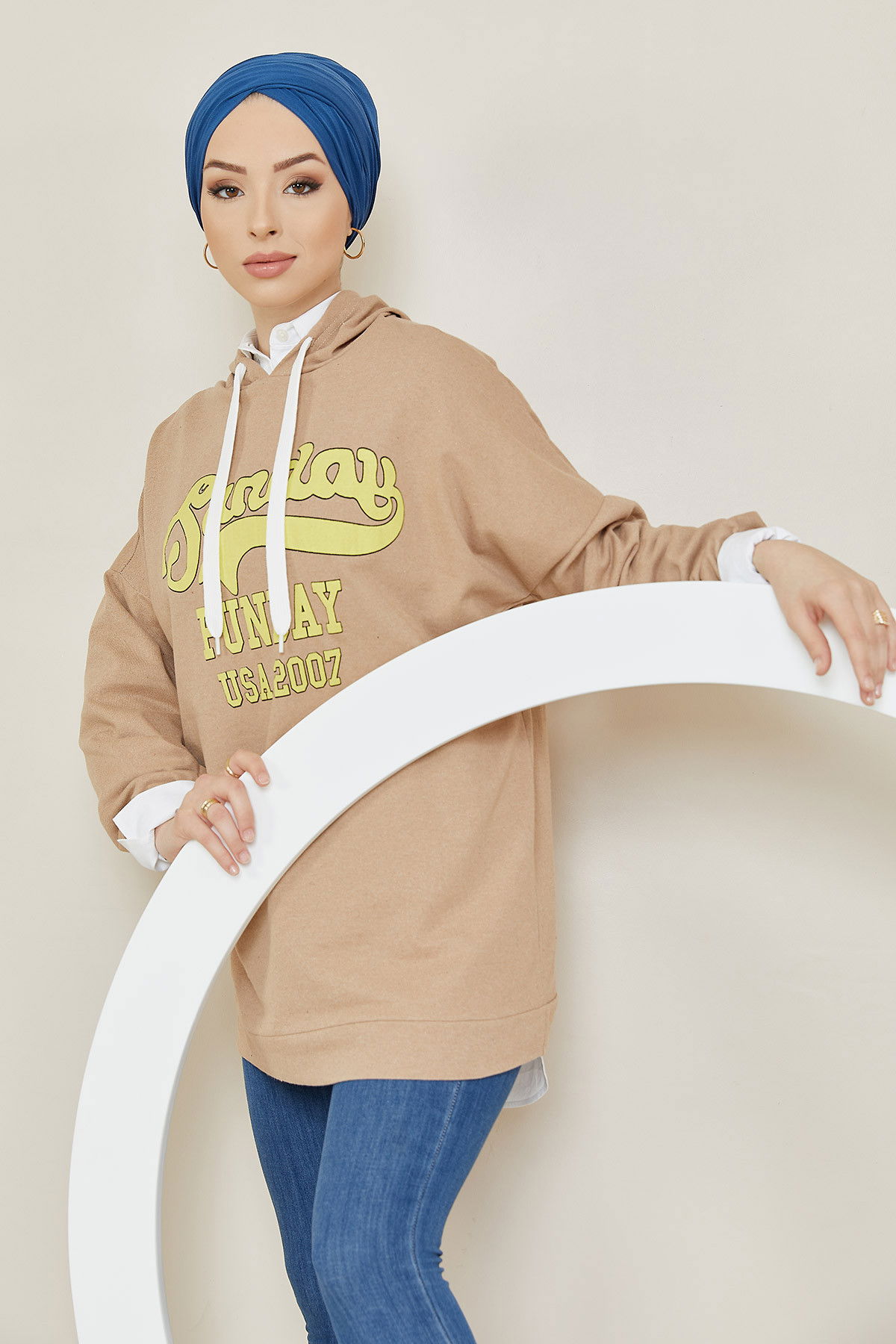 Düz Kapsonlu Yaka Kadın Bej Sweat - 3868