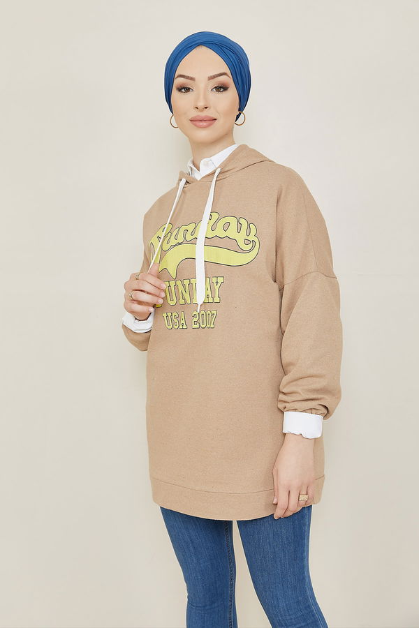 Düz Kapsonlu Yaka Kadın Bej Sweat - 3868