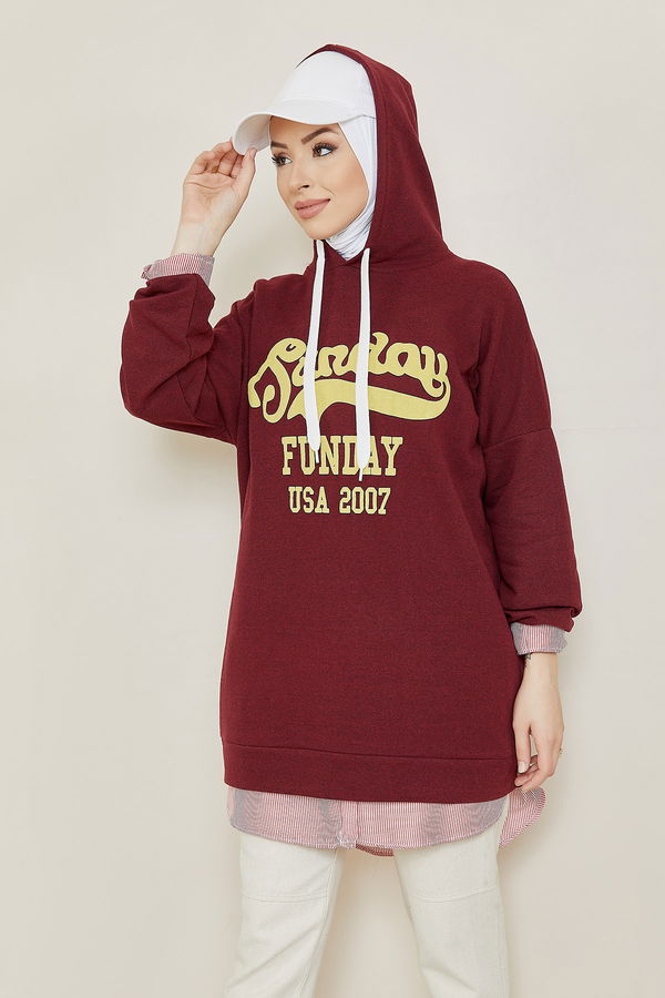 Düz Kapsonlu Yaka Kadın Bordo Sweat - 3868