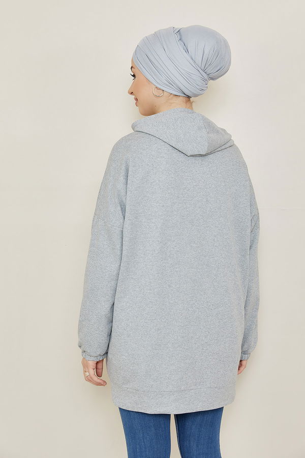 Düz Kapsonlu Yaka Kadın Gri Sweat - 3868 GRİ