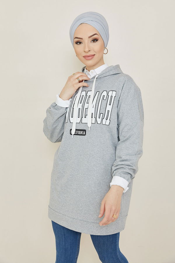 Düz Kapsonlu Yaka Kadın Gri Sweat - 3869 GRİ