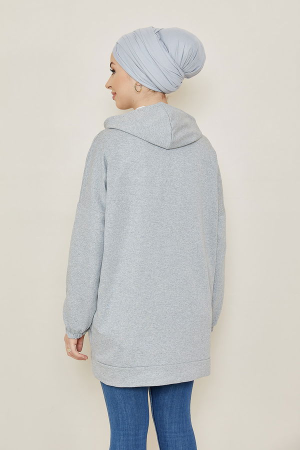 Düz Kapsonlu Yaka Kadın Gri Sweat - 3869 GRİ