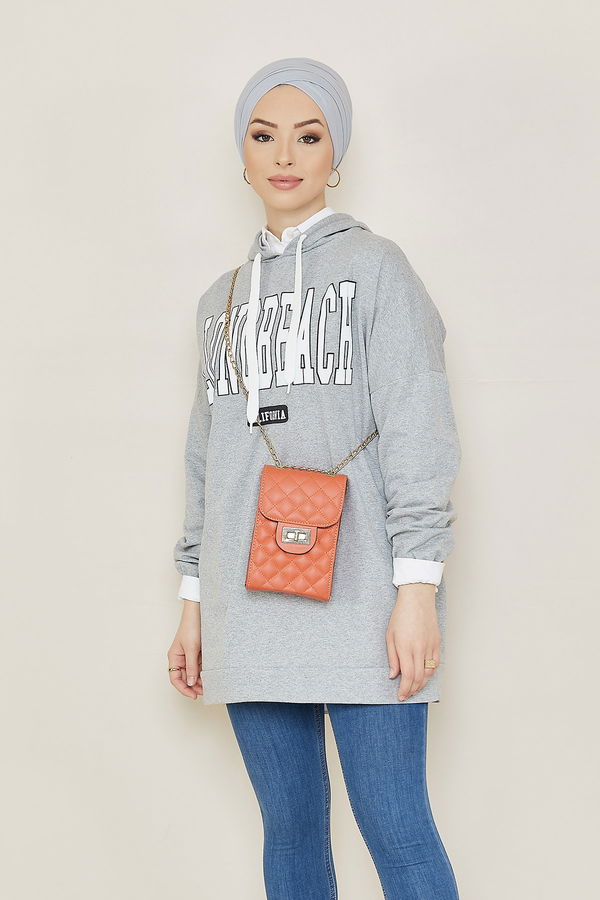 Düz Kapsonlu Yaka Kadın Gri Sweat - 3869 GRİ