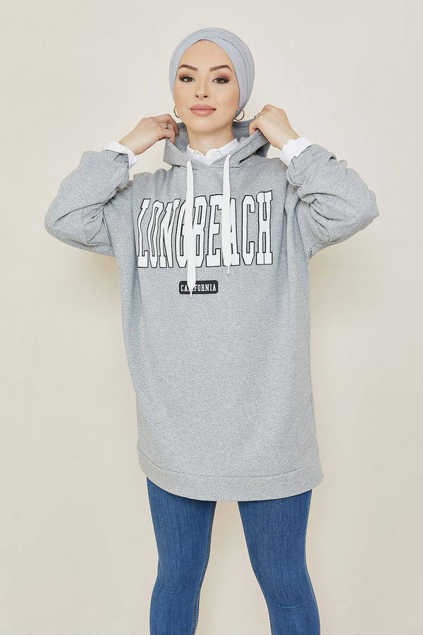 Düz Kapsonlu Yaka Kadın Gri Sweat - 3869 GRİ