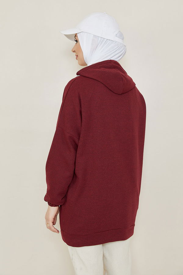 Düz Kapsonlu Yaka Kadın Bordo Sweat - 3869 BORDO