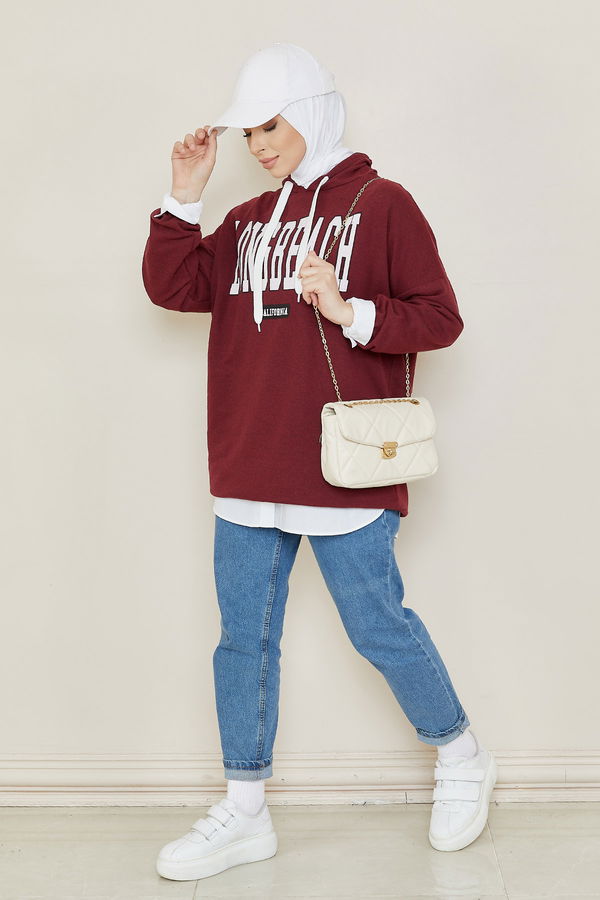 Düz Kapsonlu Yaka Kadın Bordo Sweat - 3869 BORDO