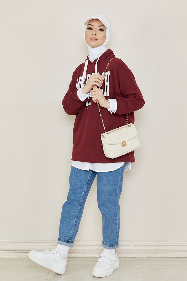 Düz Kapsonlu Yaka Kadın Bordo Sweat - 3869 BORDO