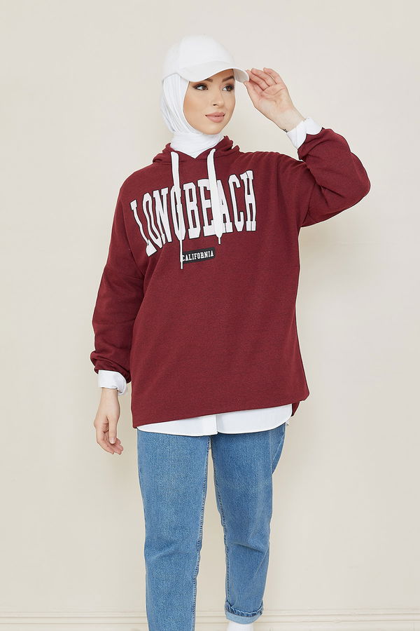 Düz Kapsonlu Yaka Kadın Bordo Sweat - 3869 BORDO