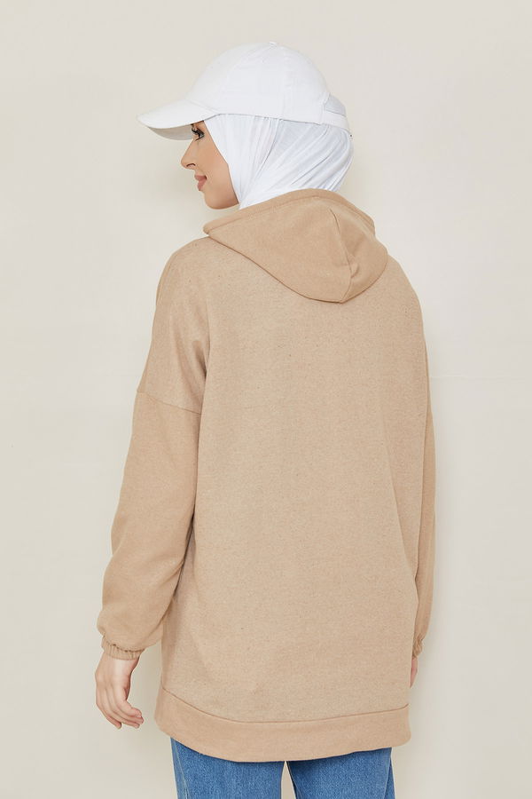 Düz Kapsonlu Yaka Kadın Bej Sweat - 3869