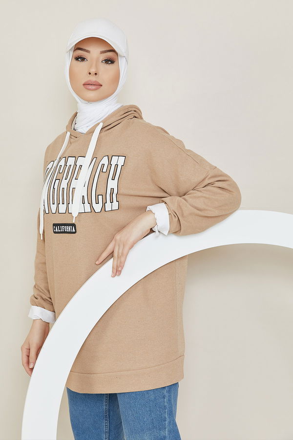 Düz Kapsonlu Yaka Kadın Bej Sweat - 3869