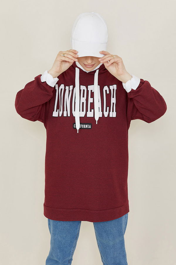 Düz Kapsonlu Yaka Kadın Bordo Sweat - 3869 BORDO
