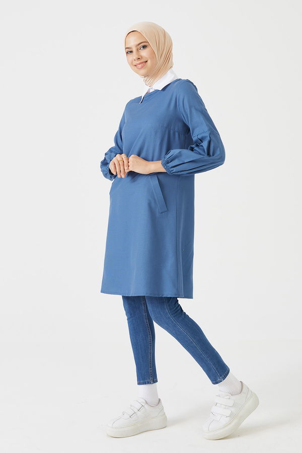 Düz Bisiklet Yaka Kadın Mavi TUNIK - 3026