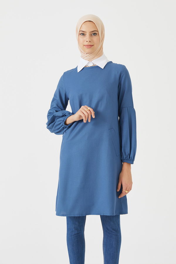 Düz Bisiklet Yaka Kadın Mavi TUNIK - 3026