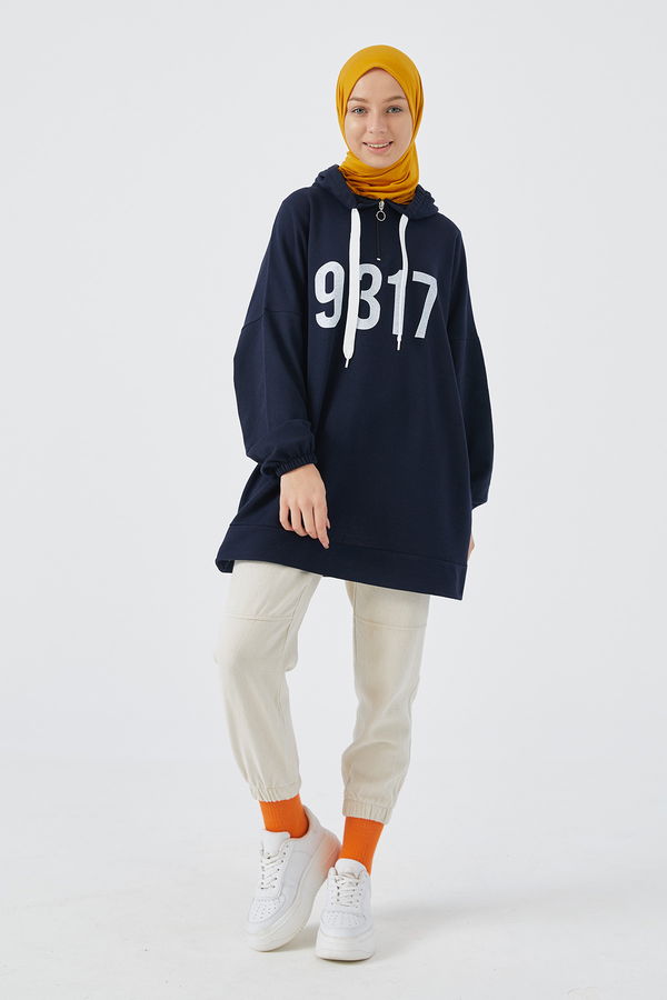 Düz Kapsonlu Yaka Kadın Lacivert Sweat - 3905 LACİVERT