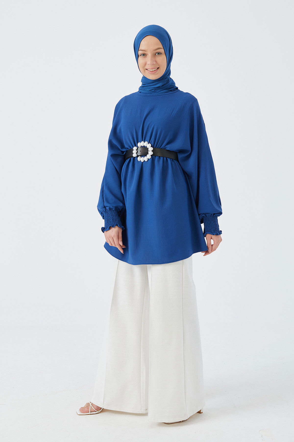 Düz Bisiklet Yaka Kadın Mavi Tunik - 3896 MAVİ